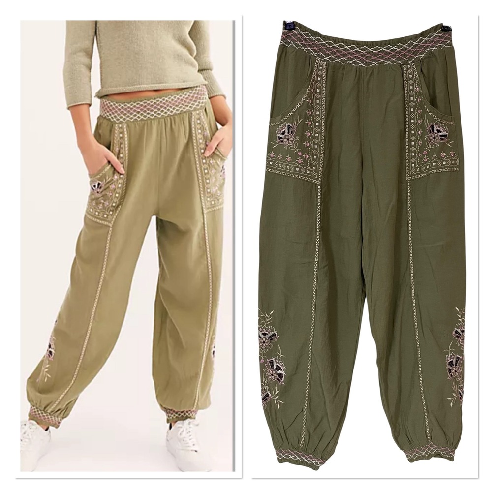 Free People Camellia Green Embroidered Pull On Harem Jogger Pants Boho Beach XS